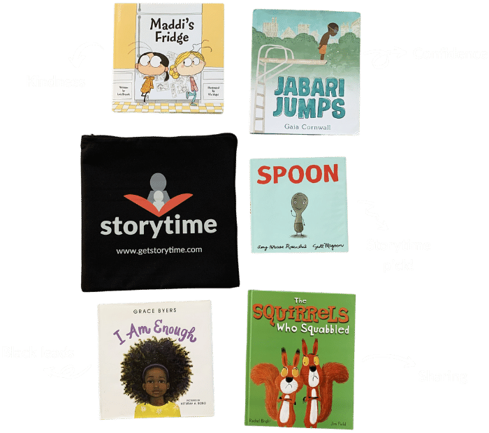 An example shipment from the Storytime kids book subscription showing the best books for teaching kindness, confidence, sharing and black leads.